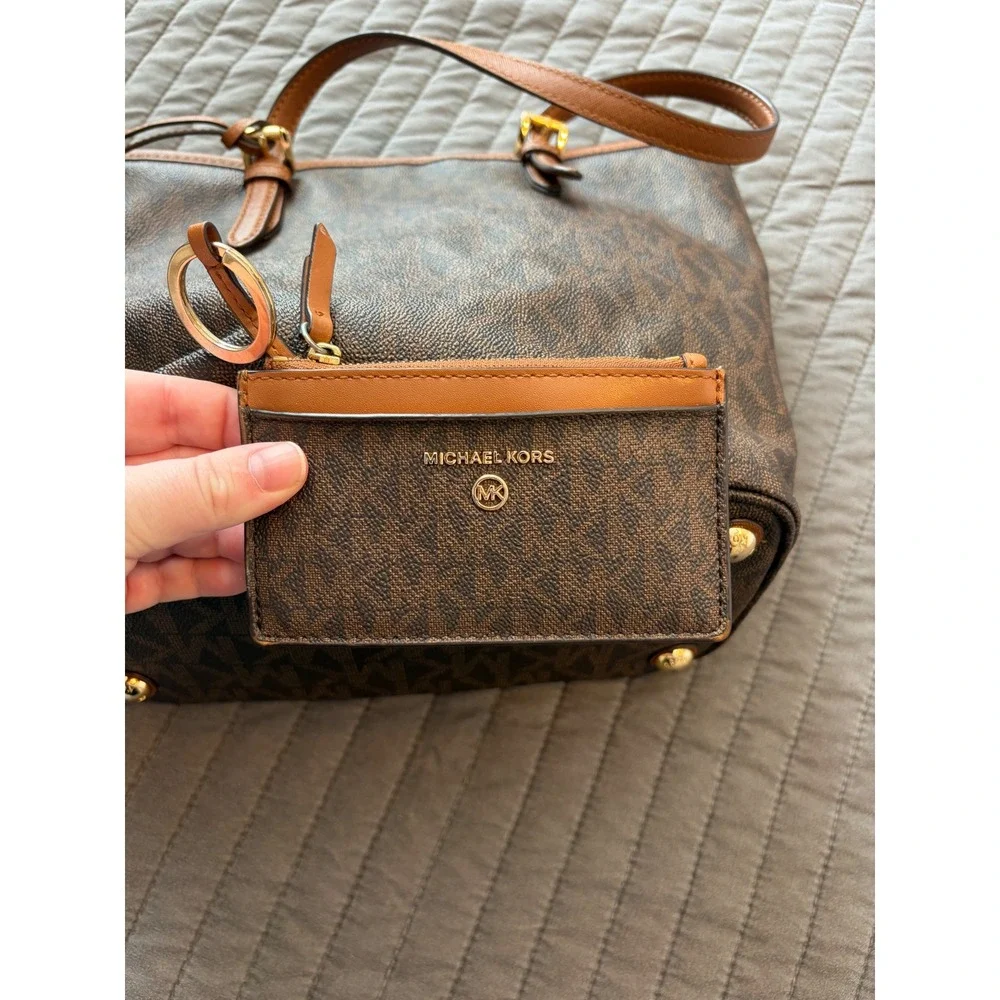 Michael Kors Jet Set Travel Signature Brown Tote Bag with Matching Card Case